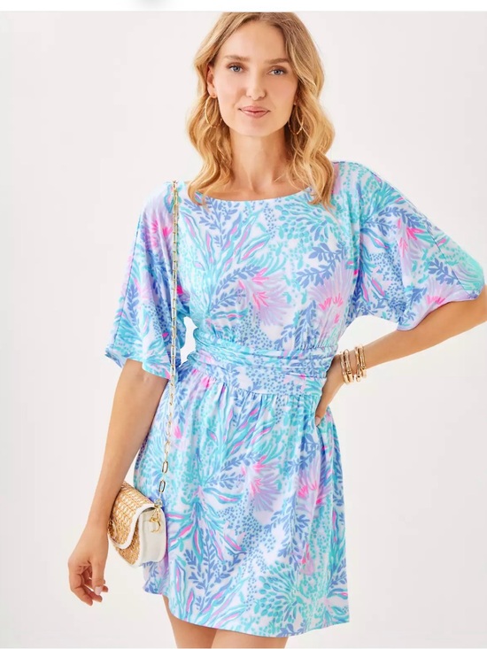 Lilly Pulitzer Dresses & Skirts - Parigi Boat Neck Romper - Lilly Pulitzer Aqua & Pink Floral Tie-Waist Mini Dress